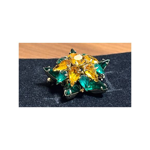 Vtg Starburst Rhinestone Brooch Amber Green Glass Stones, Mid Century Statement - Picture 2 of 5